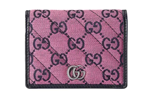 GUCCI Marmont Quilting Canvas With Leather Double Fold Flap Card Holder Canvas Bag Wallet Women's Pink/Dark Blue