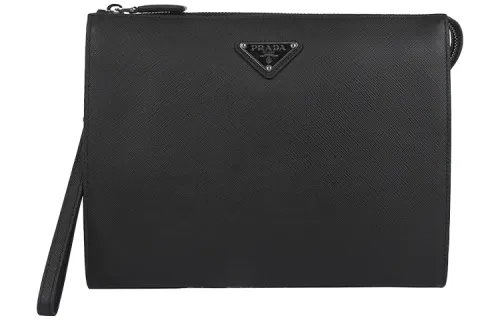 PRADA Cow Leather Wrist Bag Clutch Men's Black