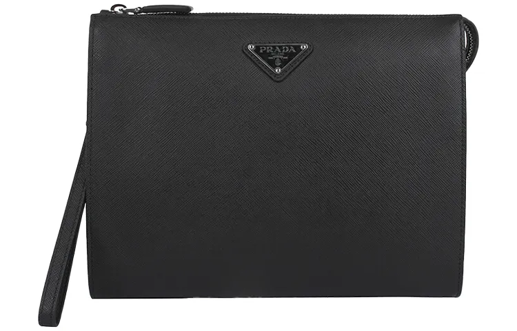 PRADA Cow Leather Wrist Bag Clutch Men's Black