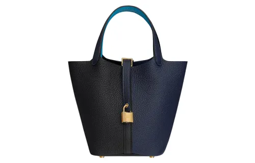 HERMES Picotin Lock Clemence Bullock Leather Basket Bag, Bucket Bag, Handbag 18 Women's Black And Indigo Blue
