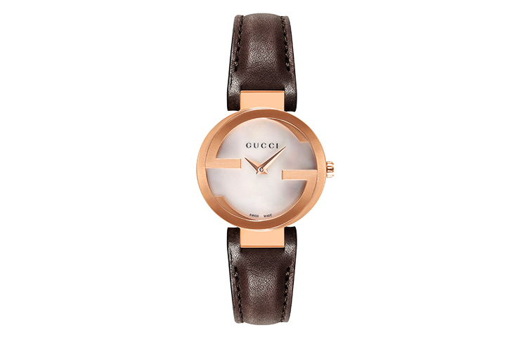 GUCCI Interlocking Wrist Watches Quartz Movement Leather Strap Mother of Pearl Color Watch Dial Women's