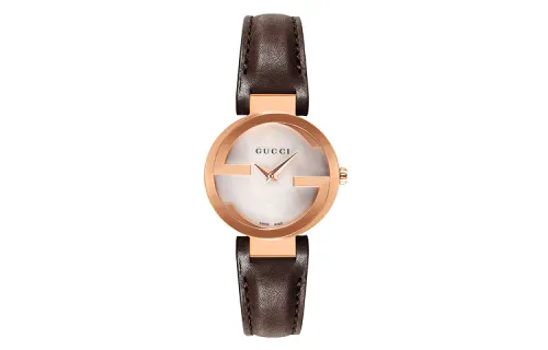 GUCCI Interlocking Wrist Watches Quartz Movement Leather Strap Mother of Pearl Color Watch Dial Women's