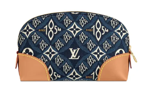 LOUIS VUITTON Cow Leather With Fabric Makeup Bag Clutch Women's Blue