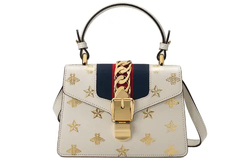 GUCCI Sylvie Leather Crossbody Bag, Handbag, Shoulder Bag Mini Women's White