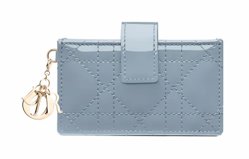 DIOR Patent Leather Calfskin Card Holder Women's Light Blue
