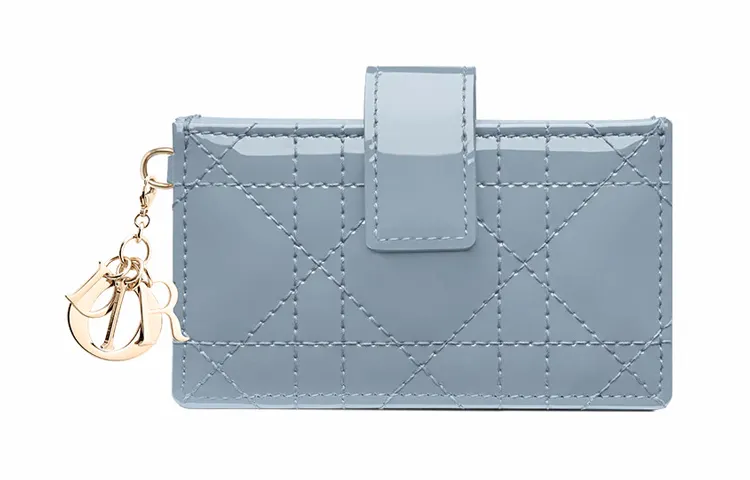 DIOR Patent Leather Calfskin Card Holder Women's Light Blue