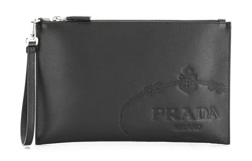 PRADA Saffiano Solid Color Leather Clutch Men's Black