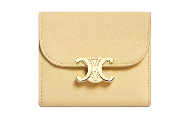 CELINE Triomphe Lambskin Flap Wallet Women's Straw Paper White