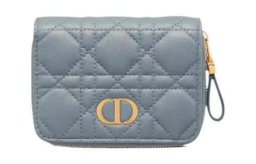 DIOR Caro Calfskin Zip Closure Compact Wallet Regular Women's Cloud Blue