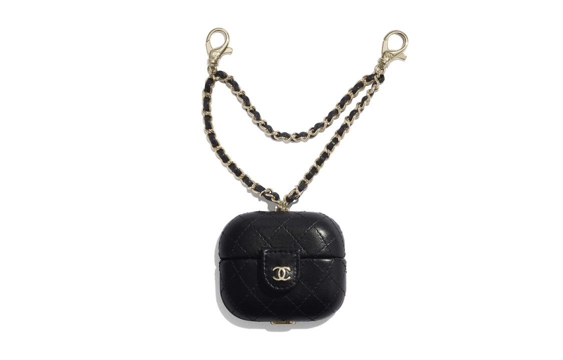 CHANEL Sheepskin And Gold Metal AirPods Pro Headphone Case Clutch Earphone Case Women's Black