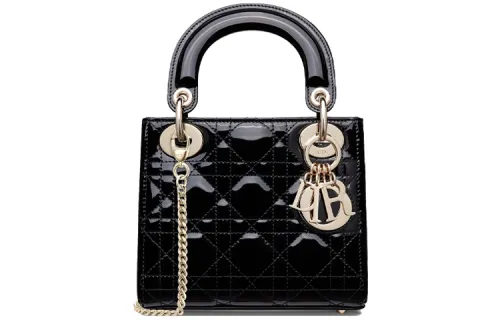 DIOR Lady Dior Patent Leather, Cow Leather Handbag Mini Women's Black/Black Gold