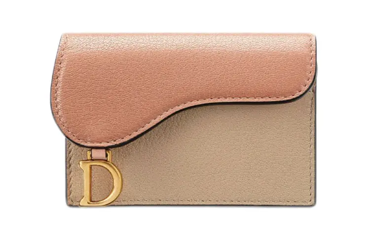 DIOR Saddle Sheepskin Saddle Card Holder, Coin Purse Women's Beige & Rose Pink