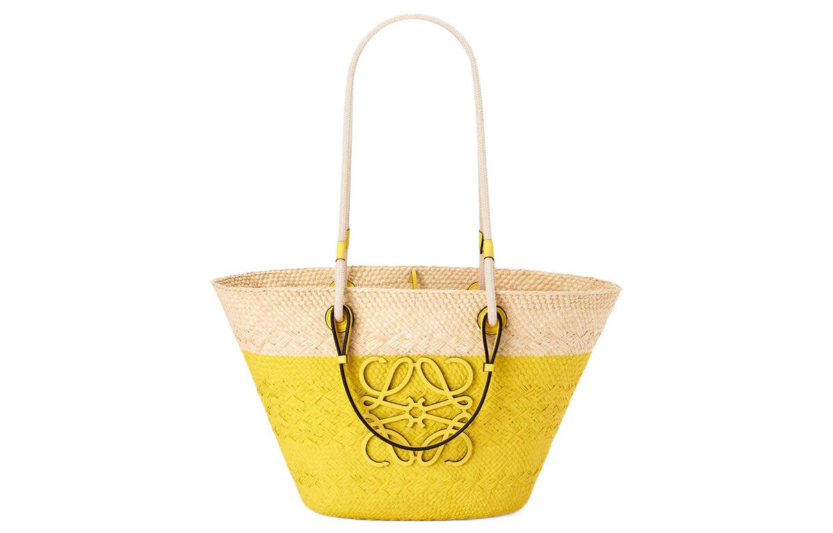 LOEWE Anagram Basket Palm Fiber Cow Leather Handbag Women's Lemon