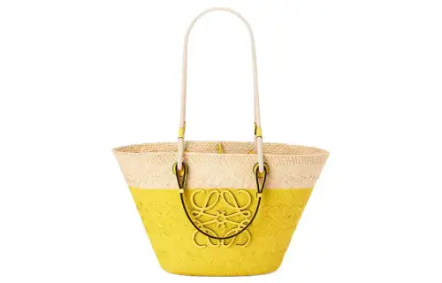 LOEWE Anagram Basket Palm Fiber Cow Leather Handbag Women's Lemon