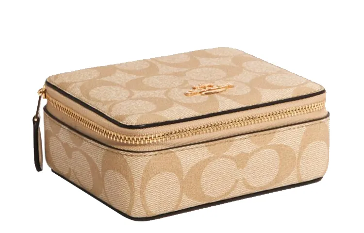 COACH Jewelry Bo Coated Canvas With Smooth Leather Storage Box Women's Light Khaki Monogram