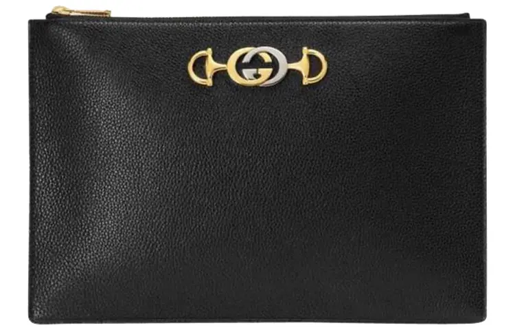GUCCI Zumi Grain Leather Clutch Large Women's Black