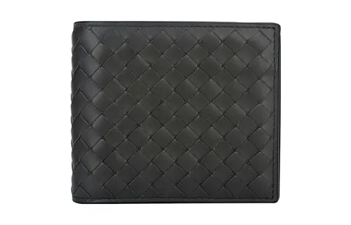 Bottega Veneta Calfskin Card Holder, Wallet Men's Gray Green