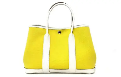 HERMES Garden Party Canvas With Leather Handbag 30 Women's Lemon/White
