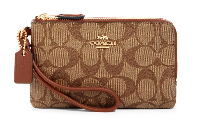 COACH Corner Zip Coated Canvas With Leather Clutches Small Women's Brown