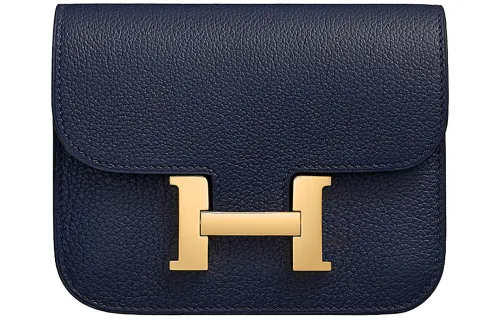 HERMES Constance Slim Gold tone Lock Evercolor Calfskin Wallet, Card Holder, Fanny Pack Women's Midnight Blue