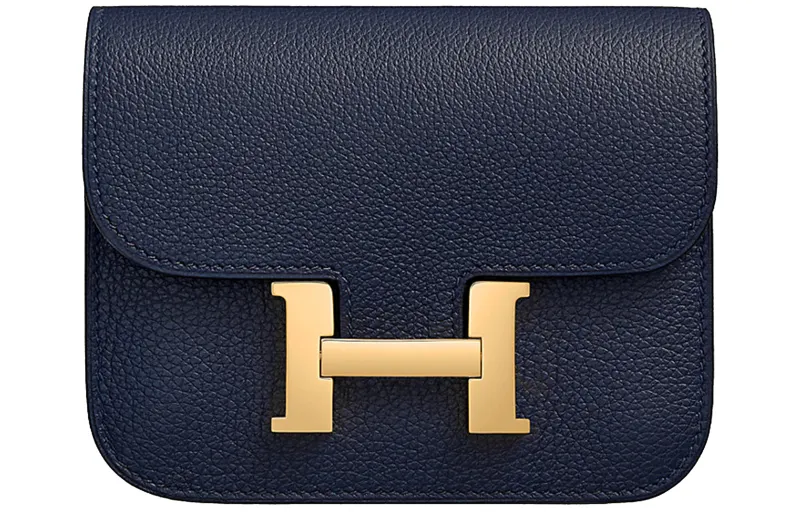 HERMES Constance Slim Gold tone Lock Evercolor Calfskin Wallet, Card Holder, Fanny Pack Women's Midnight Blue