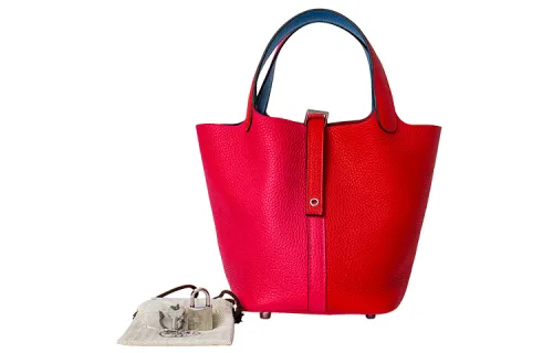 HERMES Picotin Lock Clemence Bullock Leather Basket Bag, Bucket Bag, Handbag 18 Women's Mexican Pink & Heart Red