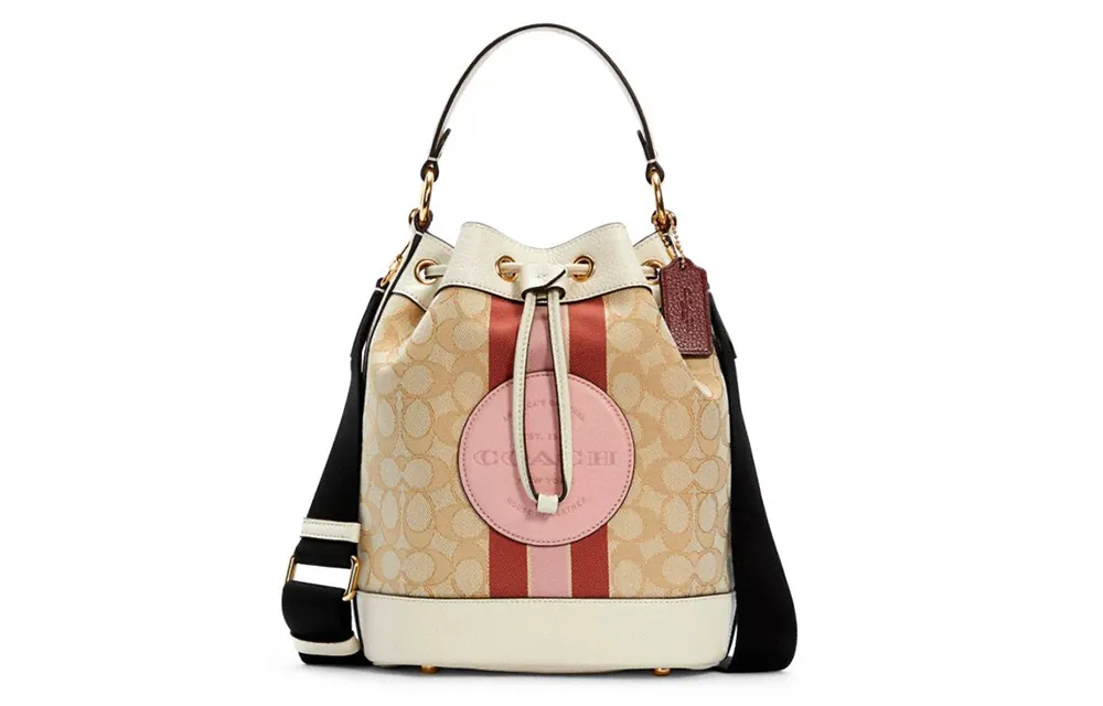 COACH Dempsey Cow Leather Bucket Bag, One Shoulder Handbag Small Women's Khaki