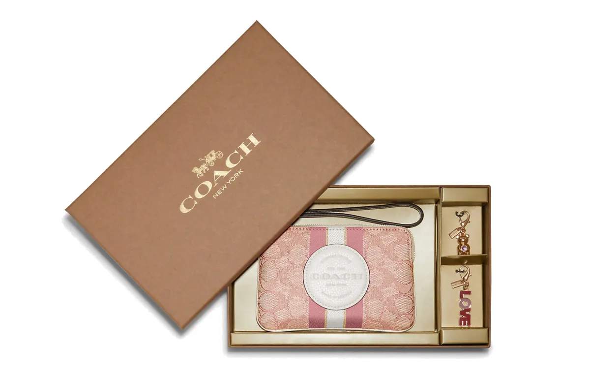 COACH Boxed Fabric With Leather Wrist Bag Clutch Gift Box Set Small Women's Cherry Blossom Pink