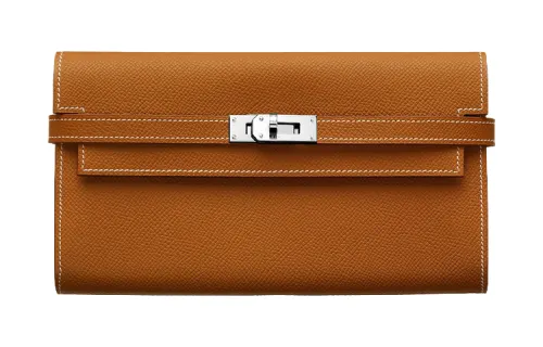 HERMES Silver Tone Buckle Calfskin Flap Wallet Women's Gold Brown