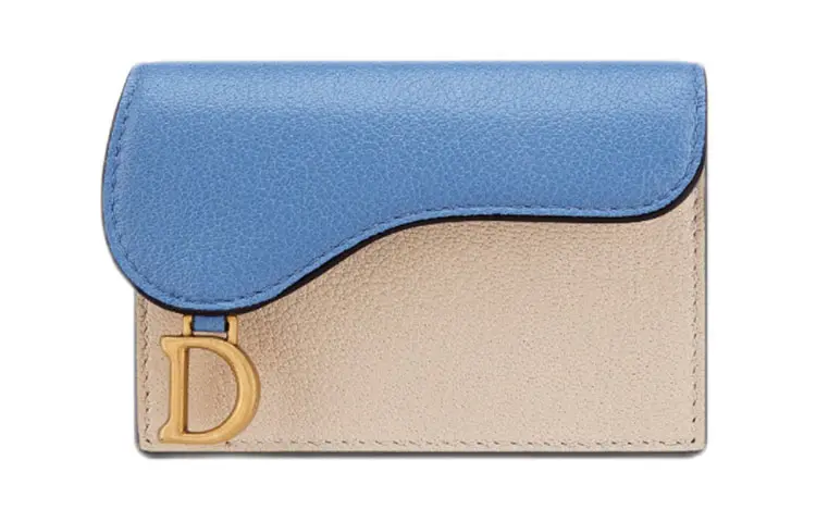 DIOR Saddle Sheepskin Coin Purse, Card Holder Regular Women's Beige/Klein Blue