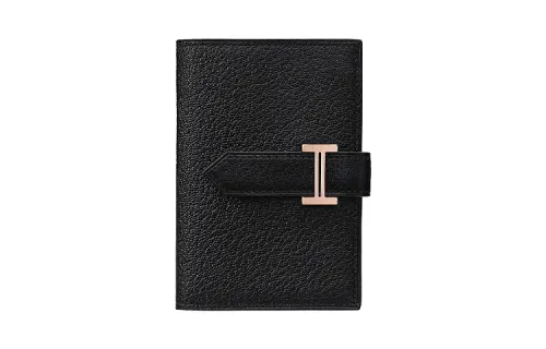 HERMES Bearn Rose Gold Buckle Sheepskin Wallet Mini Unisex Black