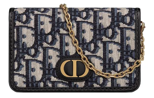 DIOR 30 Montaigne Fabric Chain Bag One Shoulder Crossbody Clutch Mini Women's Blue/Black