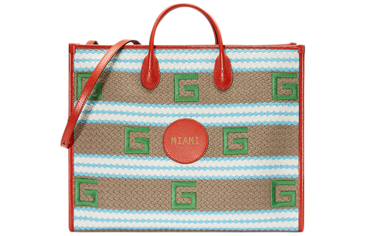 GUCCI Gucci Miami logo Letter logo embroidery Striped weaving Colorblock piping Fabric leather Tote bag Tote bag shopping bag handbag regular women's red green
