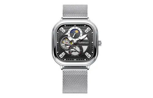 Mark Huafei FAIRWHALE Starlight Series Square and round combination of finely crafted street style men's watch automatic mechanical movement stainless steel strap national watch men's watch black dial sun and moon phase multi-function luminous waterproof watch FW-6290-M2