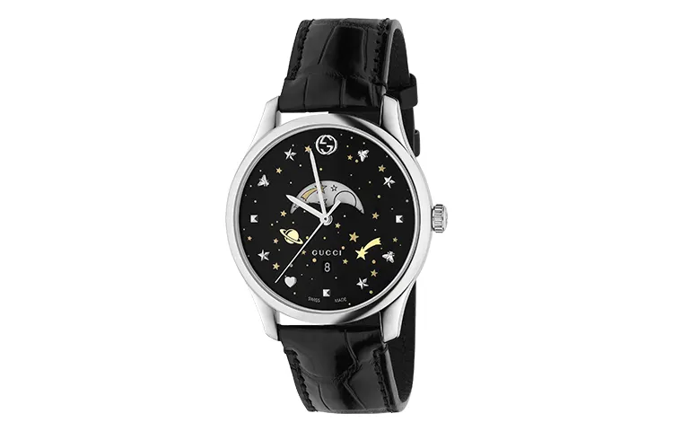 GUCCI G Timeless Collection Wrist Watches Quartz Movement Crocodile Leather Strap Black Dial Men's Watches