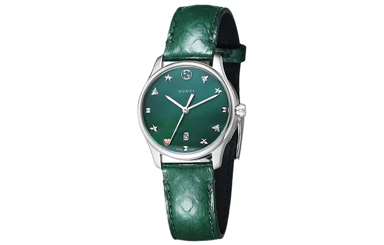 GUCCI G Timeles Collection Wrist Watches Quartz Movement Leather Strap Green Dial Women's Watch YA126585A