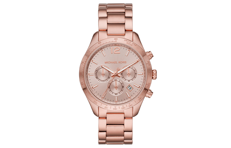 MICHAEL KORS Quartz watch strap stainless steel, golden dial, women's watch, calendar, bracelet, quartz mechanism, three-eye chronograph, pink gold