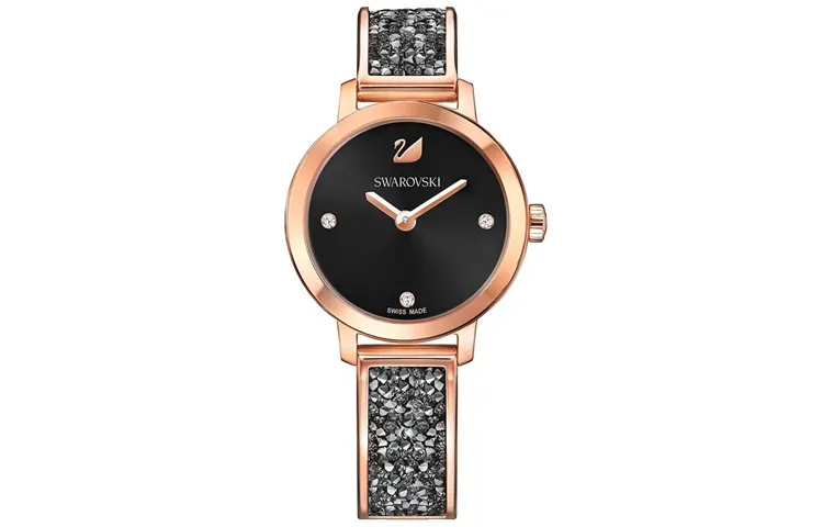 Swarovski Swarovski, golden quartz gold watch stainless steel, watch strap, black dial, waterproof women's watch, quartz mechanism, 18 carat, pink gold