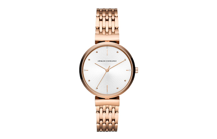 ARMANI EXCHANGE Quartz watch strap stainless steel, white dial, women's watch, golden gift box for leisure, quartz mechanism, simple cut, pink gold