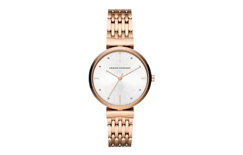 ARMANI EXCHANGE Quartz watch strap stainless steel, white dial, women's watch, golden gift box for leisure, quartz mechanism, simple cut, pink gold