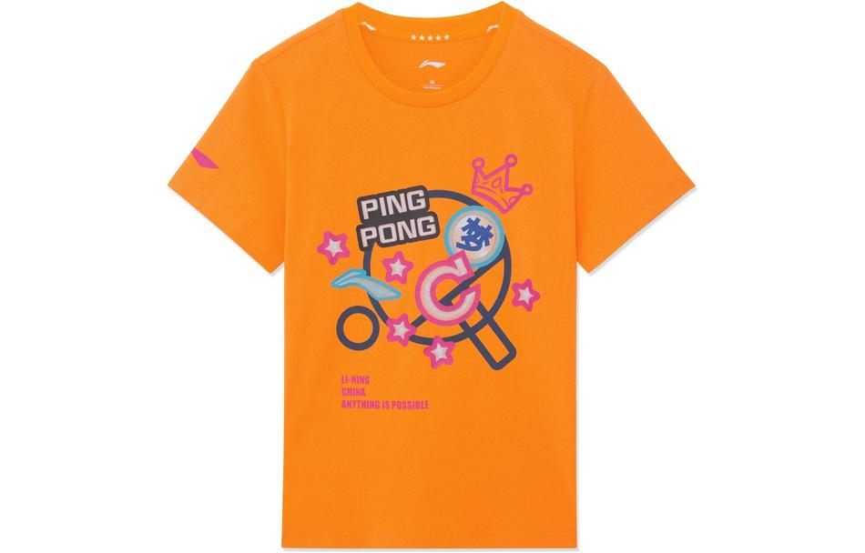 Li Ning Table Tennis Clothing Women’s Fluorescent Sweet Orange Crew Neck Moderate