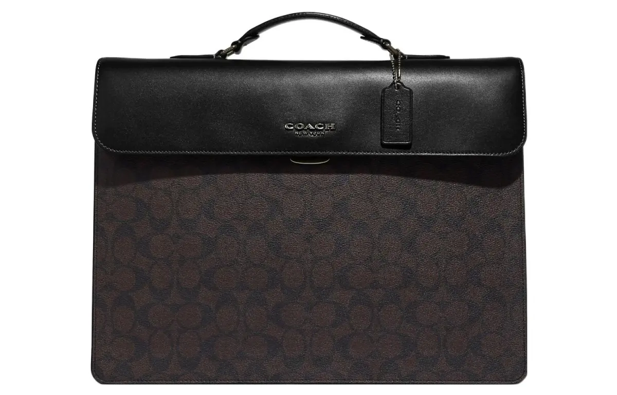 COACH Graham Coated Canvas With Calfskin Handbag Briefcase Large Men's Black & Dark Khaki