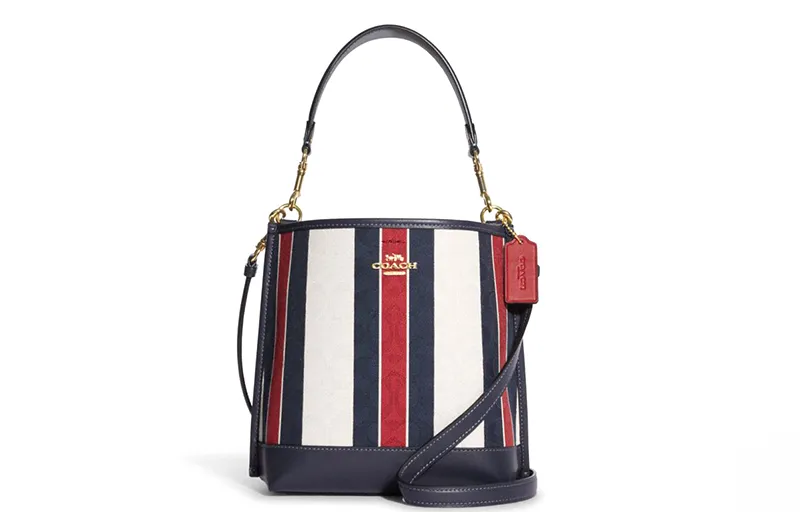 COACH Mollie Stripes Fabric With Leather Bucket Bag Handbag 22 Women's Blue White Red