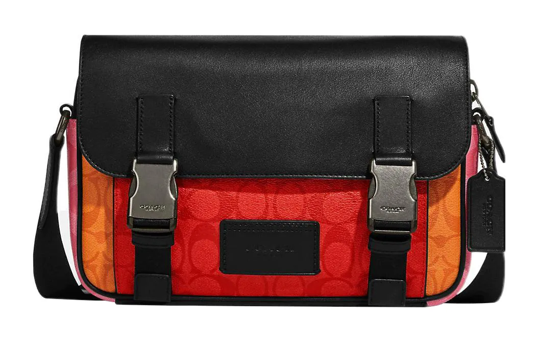 COACH Track Coated Canvas With Leather Crossbody Bags Large Unisex Black & Orange