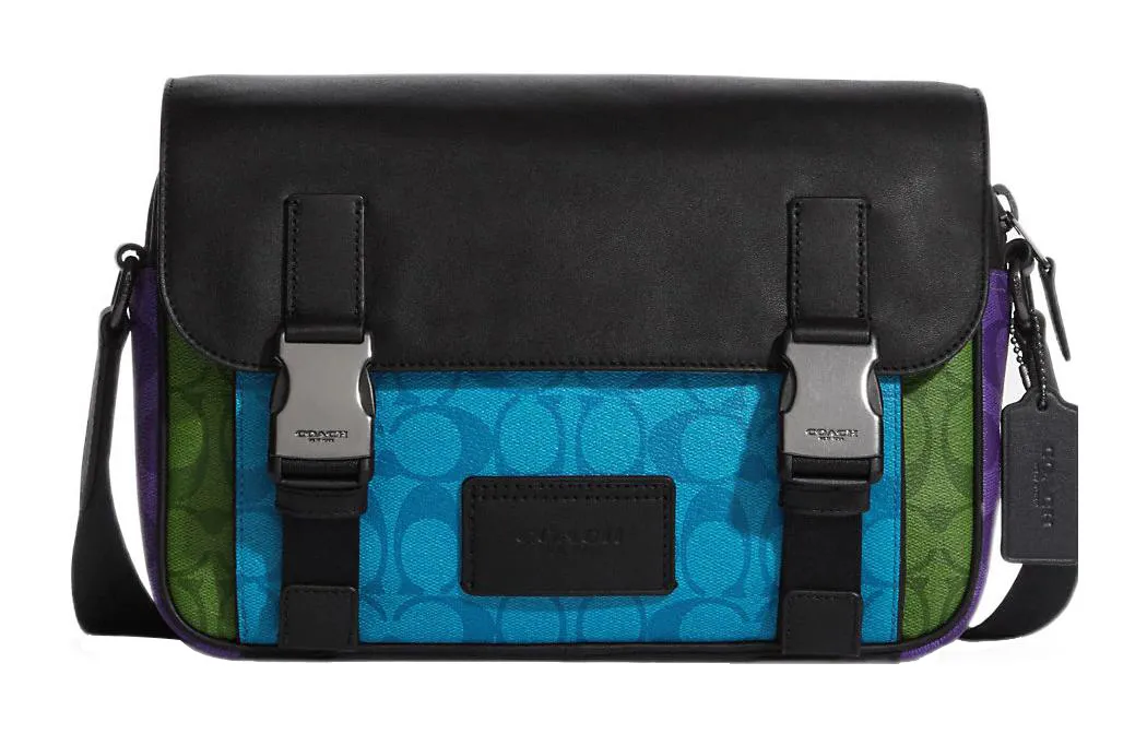 COACH Track Artificial Leather With Cow Leather Crossbody Bags Large Unisex Black & Blue