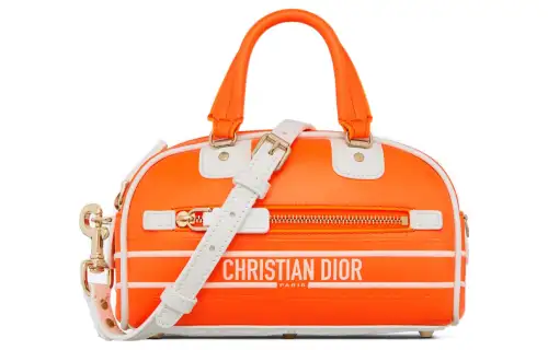 DIOR Smooth Cow Leather Bowling Bag, Handbag, Shoulder Bag, Crossbody Bag Mini Women's Neon Orange/White