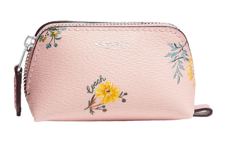 COACH Cosmetic Canvas With Leather Clutch Wrist Bag Makeup Bags Mini Women's Pink