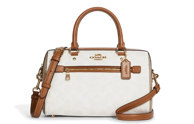 COACH Rowan Canvas With Leather Boston Bag, Shoulder Bag, Crossbody Bag, Handbag Large Women's White Brown