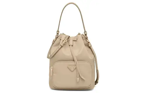 PRADA Drawstring Nylon Bucket Bag, One Shoulder Handbag Regular Women's Beige