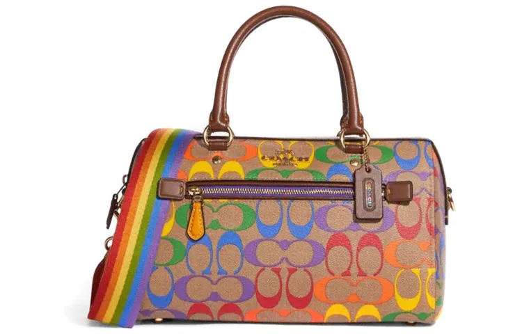 COACH Rowan Coated Canvas With Leather Boston Bag, Handbag, Shoulder Bag, Crossbody Bag Large Women's Khaki & Rainbow